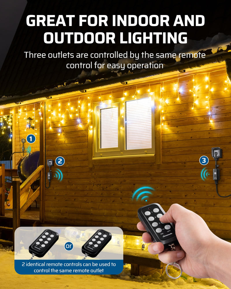 DEWENWILS Outdoor Remote Control Outlet, Weatherproof Heavy Duty 15A Wireless Remote Control Switch, 100FT Control Range, 2 Remotes & 3 Outlets (Battery Included) 2 Remote + 3 Outlet