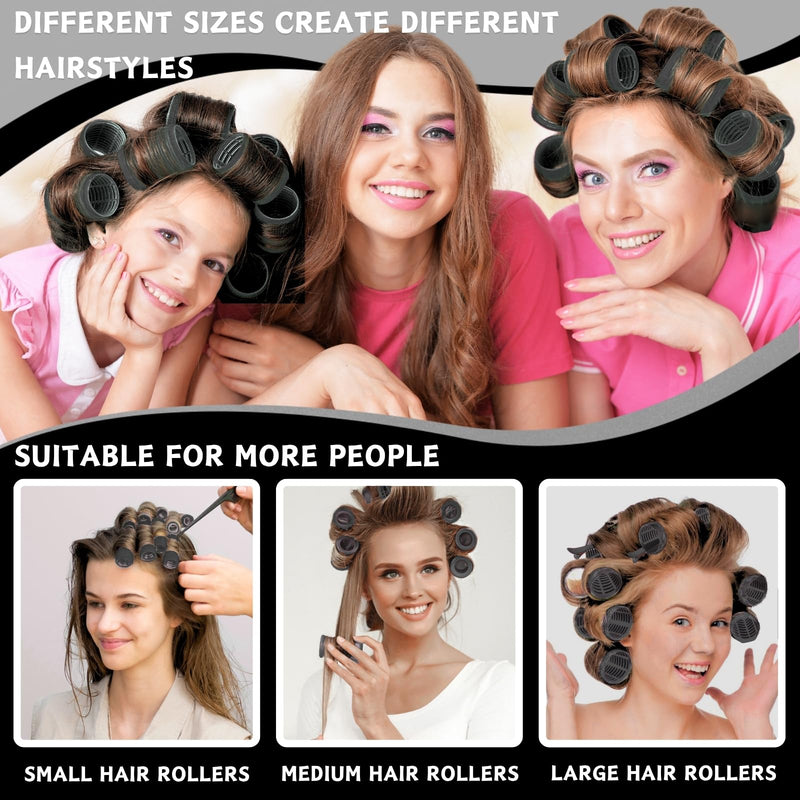KEYRI 48PCS Hair Rollers Set Hair Rollers with Clips Self Grip Jumbo Hair Roller No Heat Heatless Hairs Rollers for Long Medium Short Hair Styling Hairs Salon Hairdressing Curlers (Black, 3 Size) Black 1 count (Pack of 48)