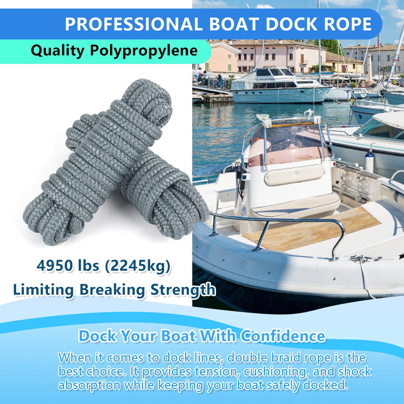 Dock Lines 1/2" x 20ft 25ft, Double Braided Marine Mooring Ropes, Boat Ropes for Docking with 12'' Eyelet Premium Dock Lines for Boats 1/2" x 20' Grey (2 Pk)
