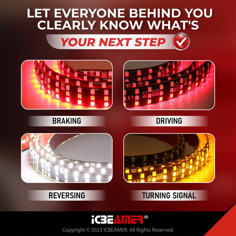 ICBEAMER Triple Row 60 inch 504 pcs LED for Pick up/Truck Tailgate Light Bar Side Bed Light Strip Bar IP67 Waterproof Reverse- 6 Functions Tail/Brake/Sequential/Turn Signals/Reverse/Flashing Lights Triple Rows