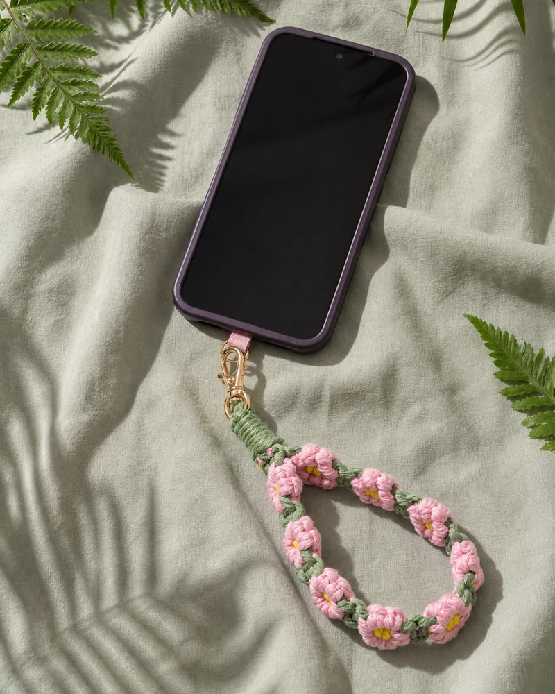 Boho Macrame Phone Wrist Strap, Handmade Phone Lanyard Charm for Women | Handmade Weaving Sturdy, Anti-Loss Chain with Tether Tab, Keeps Phone Secure for Shopping, Travel, Fit Full-Coverage Cases Sakura Pink