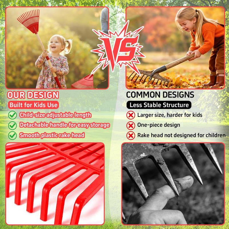 2 Pack Kids Adjustable Leaf Rake Set – 28" to 34" with Detachable Wooden Handles, Lightweight Plastic Head, Designed for Kids, Includes 2 Pairs of Gloves & Leaf Bag (Red/Blue) Red and blue