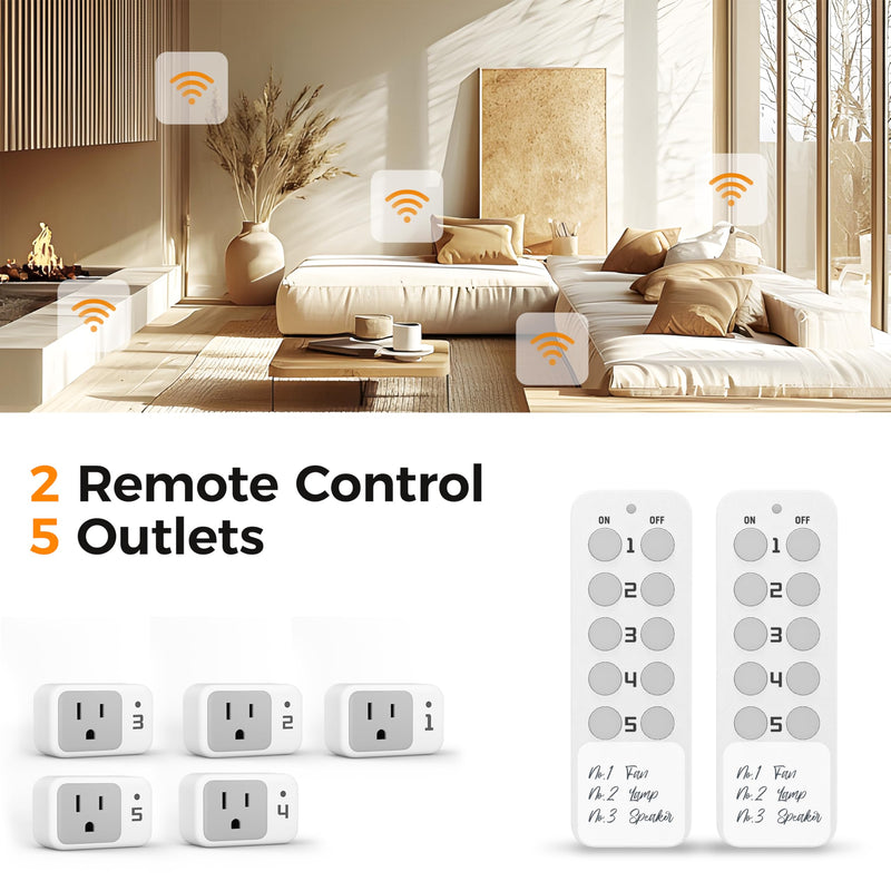 Wireless Remote Control Outlet, TESSAN Electrical Wall Plug with ON/Off Light Switch for Indoor String Lights, Lamps, Home Appliances, 100ft Range (2 Remotes + 5 Outlets) 2 Remote + 5 Outlet