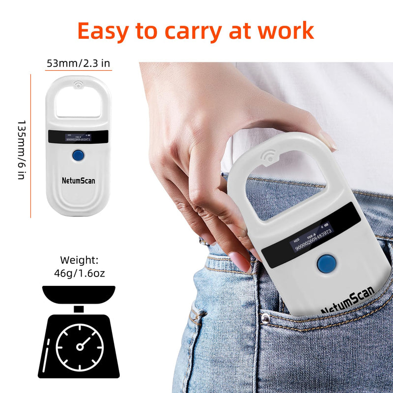 NetumScan Bluetooth Pet Microchip Reader, RFID EMID Handheld Pet Chip ID Scanner Rechargeable Data Storage Animal Tag Scanner with Stable OLED Display for ISO 11784/11785,FDX-B 180-USB