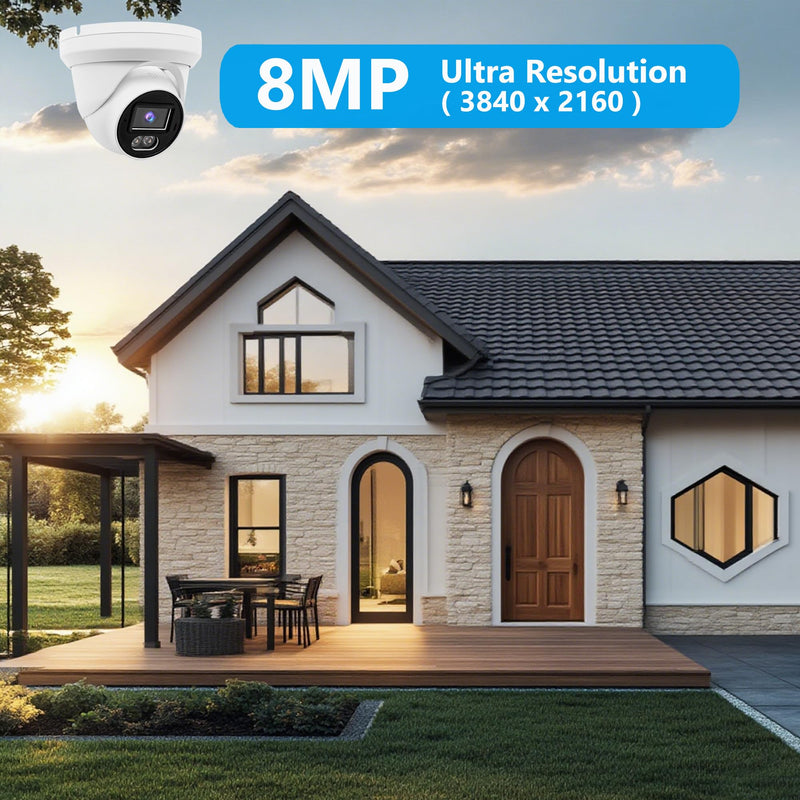 Real HD 8MP 4K PoE IP Full Color Night Vision Security Camera Outdoor, 2.8mm Wide Angle, H.265, Waterproof IP66, Metal Housing Turret Dome IP Camera, NDAA Compliant 8MP Color IP PoE Camera