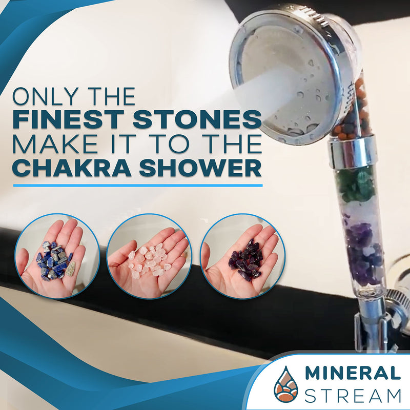 MineralStream Chakra Showerhead Kit with Replacement Beads + Natural Therapeutic Crystals + Shower Arm Diverter + 1.5m Hose | For Luxurious Spa like Experince Chakra Showerhead Full Kit