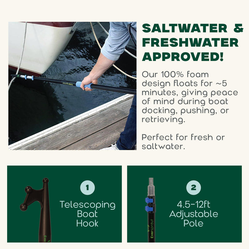 EVERSPROUT Telescoping Boat Hook | Floats, Scratch-Resistant, Sturdy Design | Durable & Lightweight, 3-Stage Anodized Aluminum Pole | Threaded End for Boating Accessories 12' Pole