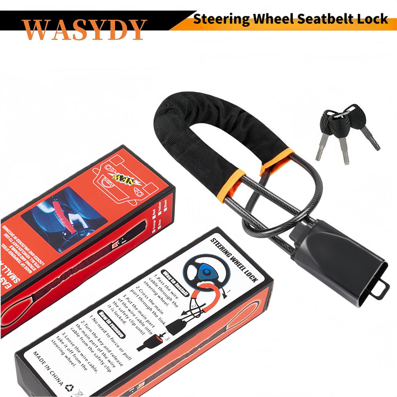 Steering Wheel & Seat Belt Lock, Anti-Theft Device, Great Gift for Father | 2026 upgraded high-strength steel cable, compact & lightweight. Universal fit for cars, SUVs, trucks and golf carts.