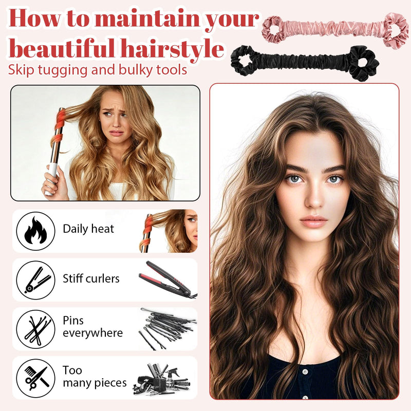 2 Pack 3-in-1 Satin Heatless Hair Curler Scrunchie with Extended Ruching | Heatless Curls Overnight, No Heat Hair Styling Rod with Built-in Hair Tie, Soft Sleep-In Curler for Long Hair, Pink+ Black