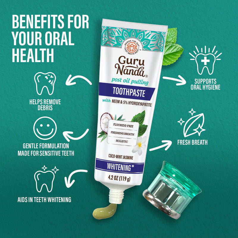 GuruNanda Hydroxyapatite Toothpaste for Whitening with Neem & Xylitol, SLS & Fluoride Free (4 Pack) - Freshens Breath, Fights Plaque - with 2 Toothbrushes, 2 Tongue Scrapers & 2 Tube Squeezers 4.2 Ounce (Pack of 4)