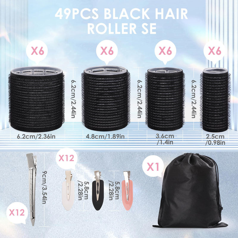 Hair Rollers Set, 49 PCS Curling Set Includes 24 Self-Grip Rollers, 12 Hair Pins, 12 Sectioning Clips & Comb, No Heat Hair Curlers for Volume, Waves & Styling at Home Black