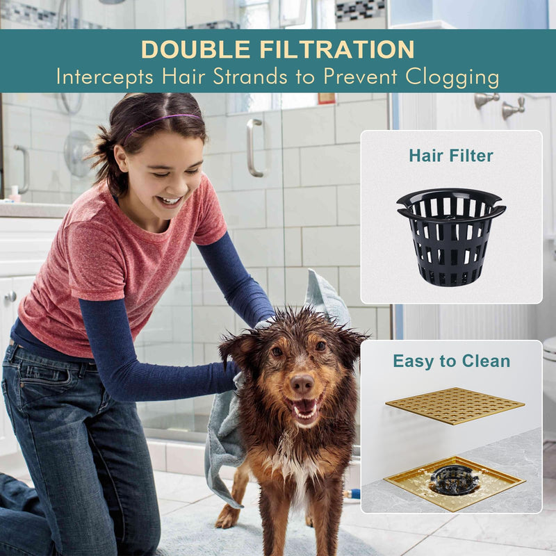 Shower Drain 4-1/4 Inch - Square Shower Floor Drain Kit with ABS Flange for 2" or 3" Pipe, SUS304 Stainless Steel Drain with Hair Strainer,Removable Strainer Cover, Champagne Bronze