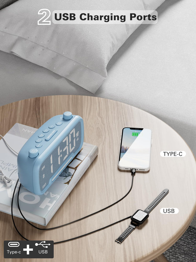 Mesqool Digital Alarm Clock with 2 USB Chargers,Bluetooth Speaker, FM Radio,Night Light,5-Level Dimmer,Adjustable Volume,12/24H,Snooze,Battery Backup,Loud Clock Radio for Heavy Sleepers Adults Blue