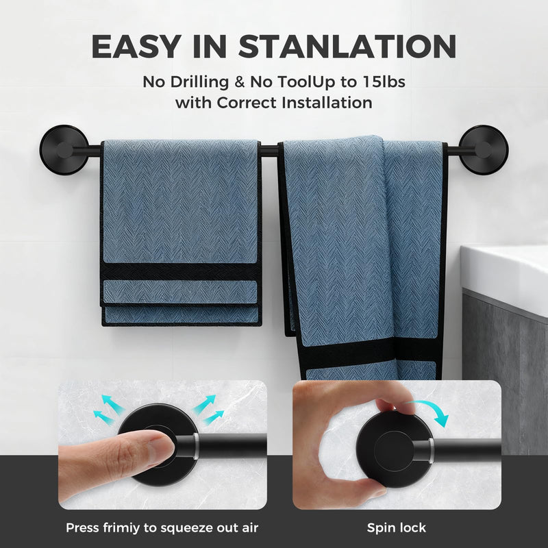 Adjustable Suction Cup Towel Bar for Bathroom Wall,14.6Inch~24 Inch Towel Racks for Bathroom,Stainless Steel Bath Towel Holder for Shower(Matte Black) Black-1pc 14.6-24"