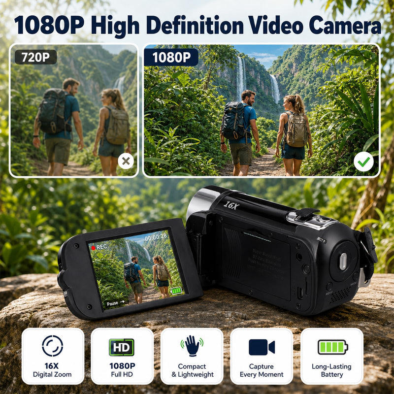 Portable Digital Camcorder Video Camera 1080P DV Camera Vlog Recorder | 2.7-inch LCD Screen 16x Digital Zoom and Built-in Battery with 32GB Card for Teens Beginners(Black) Black