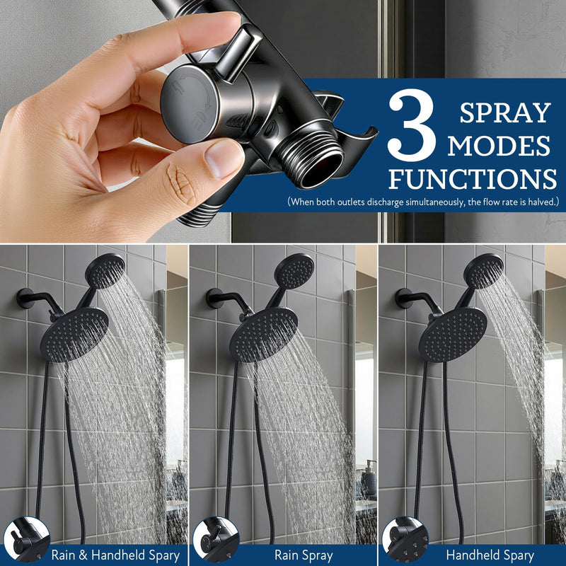 G-Promise Solid Metal Shower Arm Diverter with Holder for Hand Held Showerhead and Fixed Spray Head, G 1/2 3-Way Bathroom Universal Diverter System Replacement Part (Matte Black) Matte Black