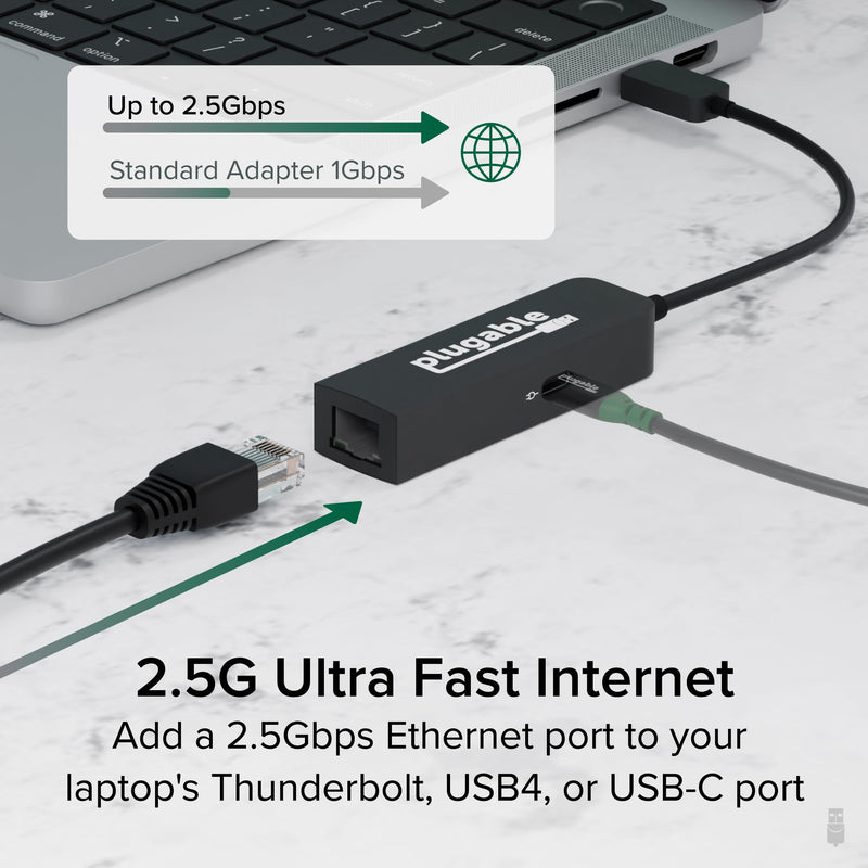 Plugable USB C to Ethernet Adapter 2.5Gb with 100W USB-C PD Charging, 2.5 Gigabit Type C USB Ethernet Adapter for Windows, MacBook, Chrome, iPad, Surface, XPS, Thunderbolt 4, USB4 (USBC-E2500PD)