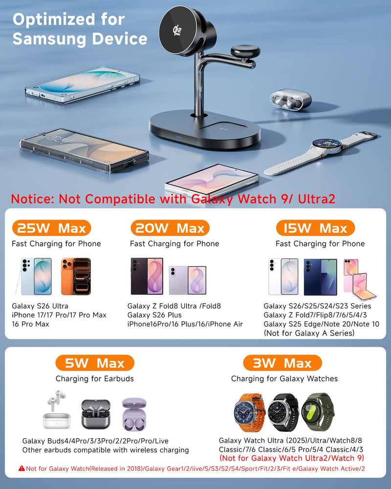 Qi2.2 25W Magnetic Wireless Charging Station for Samsung TEC Active Cooling | For Galaxy Z Fold 8 Ultra/Fold8 Wide/S26 Ultra/iPhone17, 3-in-1 Fast Charger Stand for MagSafe (Not for Watch 9/Ultra 2)