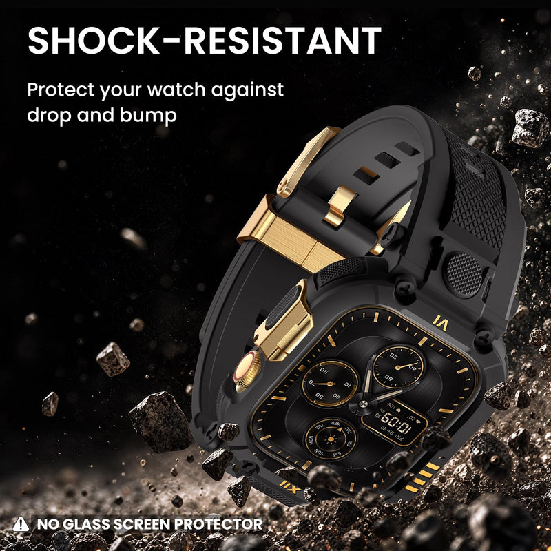 DABAOZA Rugged Sport Band with Case Compatible for Apple Watch 45mm 44mm | Shock&scratch resistant,men sport daily wear,fits 45mm 44mm,iWatch Series 9 8 7 6 5 4 SE 3 2,Black/Gold Black/Gold 45mm/44mm