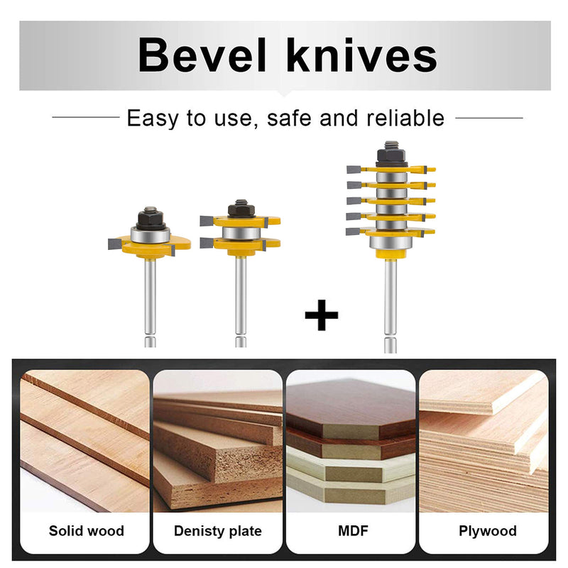 1/4 Inch Shank Router Bit Set & 5 Finger Joint 3Pcs, Tongue and Groove Wood Milling Cutter Drilling Carbide Tool For Door Table Cabinet Shelve(1/4-5 Finger) 3