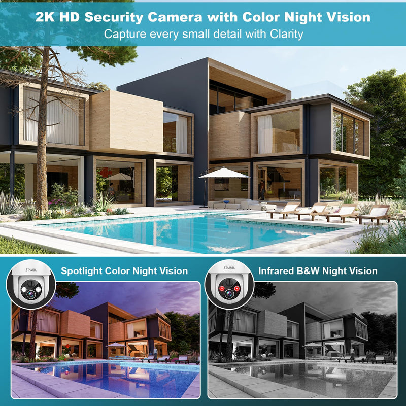 4G LTE Cellular Security Camera, No WiFi Solar Powered Wireless Outdoor Camera with Built in SIM Card, 2K Color Night Vision, 360° Full View, PIR Motion Detection & Siren, 2 Way Talk