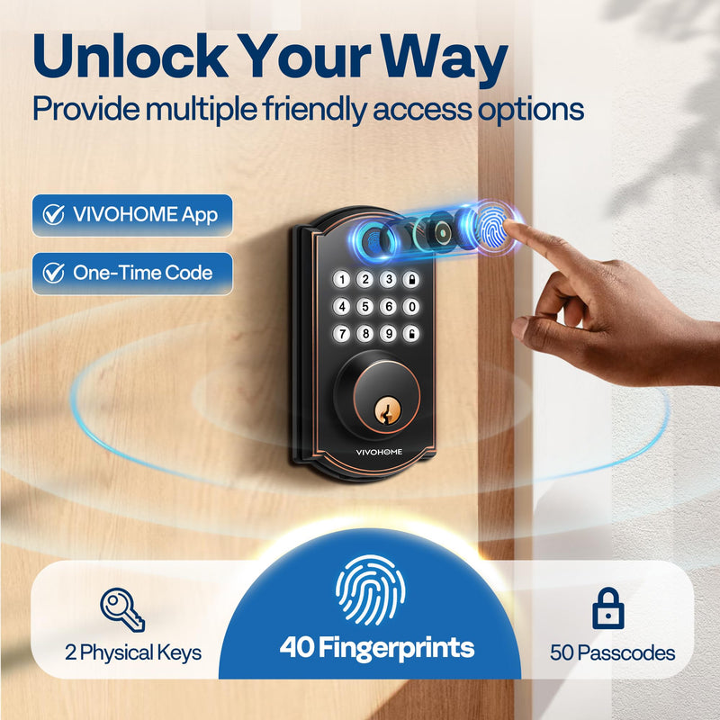VIVOHOME Smart Lock for Front Door with Gateway, Keyless Entry Door Lock with Fingerprint, WiFi App Remote Control, Electronic Keypad Deadbolt with User Management