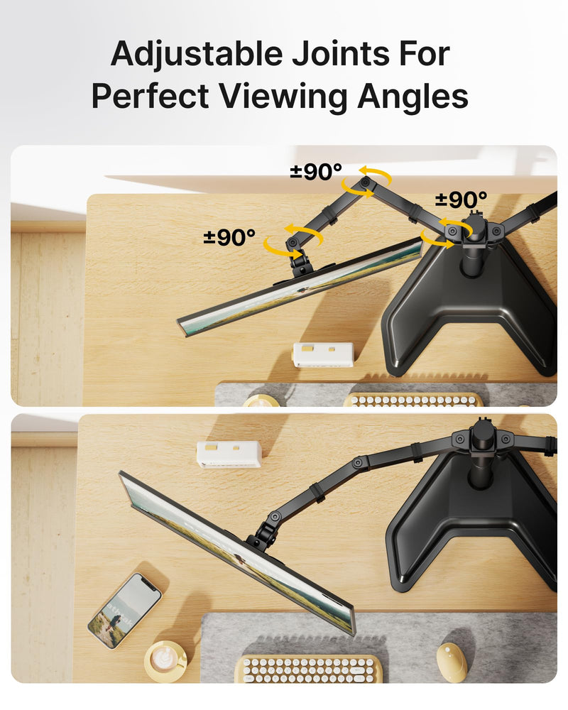 monTEK Stable Freestanding Dual Monitor Stand for 17–32” Computer Screens, Heavy-Duty Desk Mount with 22 lbs per Arm, Fully Adjustable Brackets and Arms, Solid V-Shaped Base, VESA 100×100mm Max