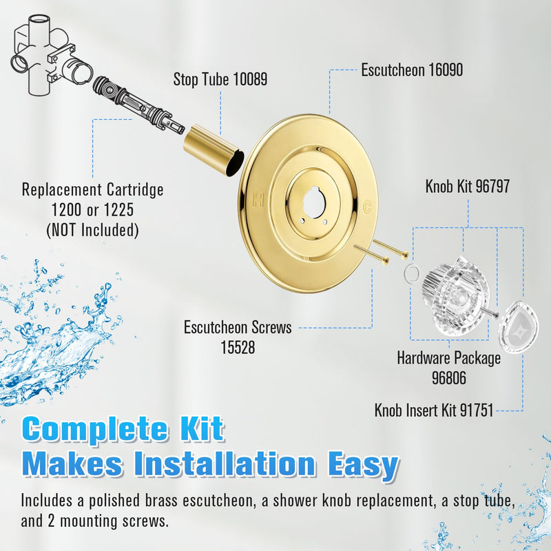 Enhon Tub and Shower Trim Kit, Shower Trim Compatible with Moen Chateau T470 Single Handle Tub/Shower Standard Valve, Escutcheon Screws Tube and Handle(Polished Brass) Polished Brass