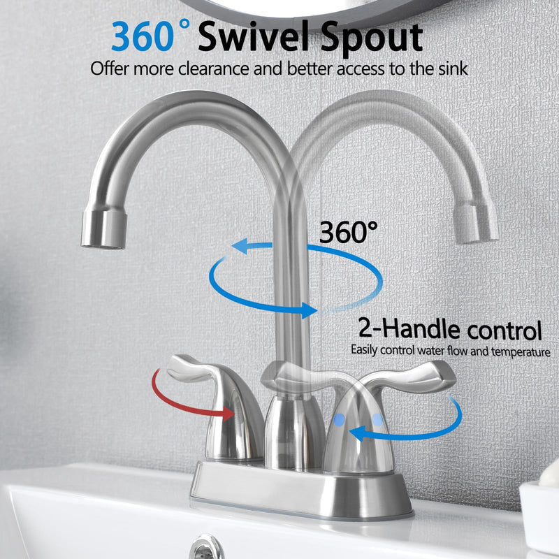 Brushed Nickel Bathroom Sink Faucet, 2 Handle 4 Inch Centerset Bathroom Faucet, 3 Hole Small Bathroom Sink Faucet with Supply Lines and Pop-up Drain, RV faucets for Camper Lavatory Vanity Brushed Nickel Two Handle