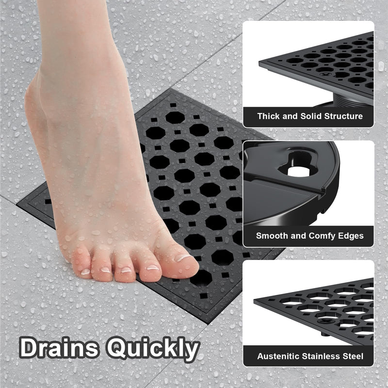 4 Inch Shower Floor Drain with Flange, Matte Black Shower Drain, Octagon Pattern Removable, SUS 304 Stainless Steel High Flow Shower Drain kit,Hair Strainer, Watermark&CUPC Certified(Octagon) Octagon Matte Black