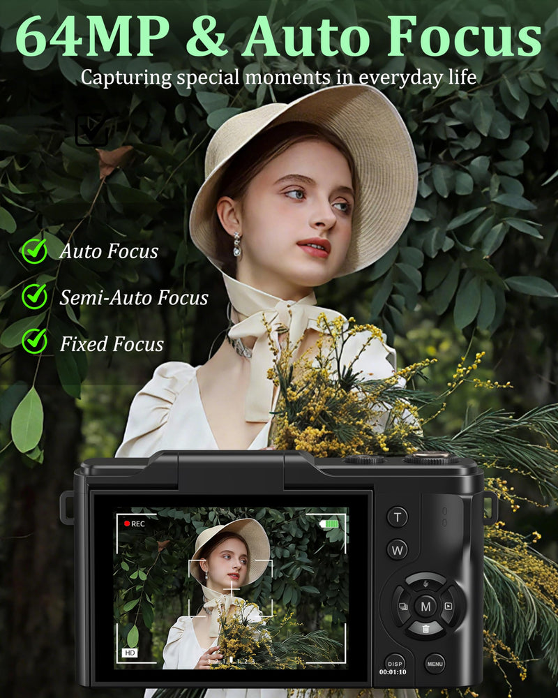 4K Digital Camera for Photography, 64MP Vlogging Camera for YouTube with 180° Flip Screen, 18X Zoom UHD Autofocus Video Camara, Compact with Micro SD Card for Teens, Boys & Girls, Beginners Black