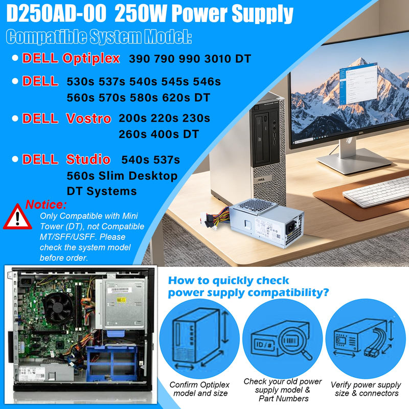 D250AD-00 H250AD-00 250W Power Supply L250NS-00 F250AD-00 PSU Compatible with Dell Optiplex 390 3010 990 790 DT 530s 537s 540s 545s 546s 560s 570s 580s Vostro 200s 220s 230s 400s Studio 540s Slim DT