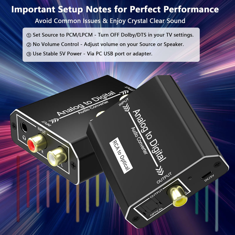 Analog to Digital Audio Converter, RCA L/R & 3.5mm Jack AUX to Coaxial/Optical Toslink SPDIF Audio Adapter, 48kHz/24bit PCM LPCM Stereo ADC, for TV/CD/Game Console/Soundbar/Headphone