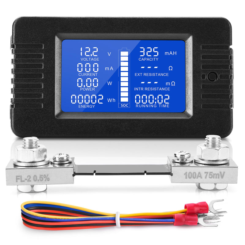 DC Multifunction Battery Monitor Meter, 0-200V 0-100A LCD Display Digital Current Multimeter Voltmeter Ammeter for Cars Rv Solar System