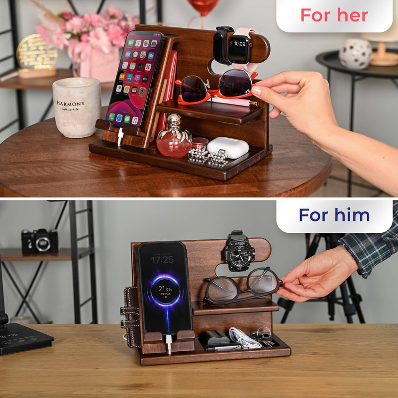 TESLYAR Wood Phone Docking Station for Men - Desktop or Nightstand Organizer - Birthday Gifts for Men, Dad - Anniversary Idea from Wife - Key Holder, Stand Wallet, Watch & Essentials (Chestnut) Chestnut