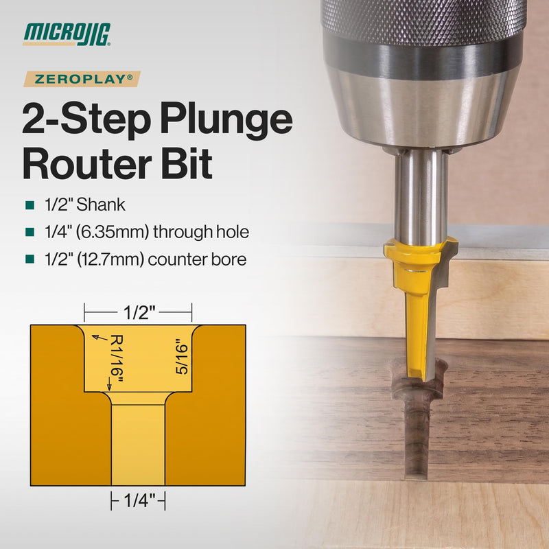 MICROJIG ZEROPLAY 2-Step Plunge Router Bit for Woodworking Jigs, Table Saw Sleds, Compatible with MatchFit and Other Hardware, Carbide Tipped, 1/2" Shank, MB-050-0525PL