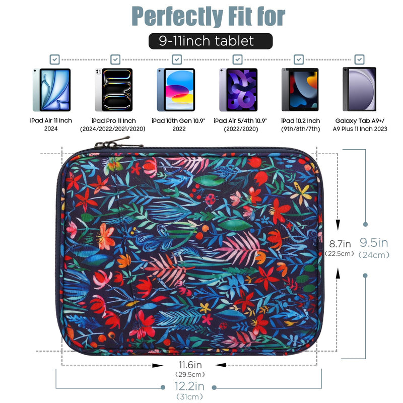 TiMOVO 9-11" Tablet Sleeve for iPad Air 11 Inch 2024,iPad Pro 11 Inch 2024,iPad 10.2 2021-2019, iPad 10th 2022,iPad Air 5/4 10.9,Galaxy Tab S9/S8/A8/A7,Protective Bag with Pocket, Blue Flower 9-11 Inch