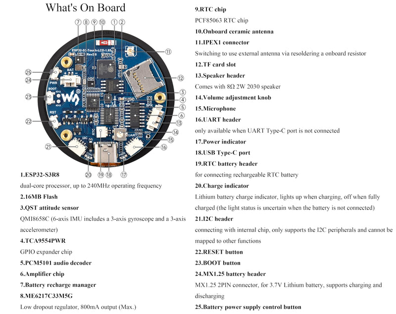 ESP32-S3 1.85inch Round Display Development Board, 360×360 IPS LCD, Dual-Core Processor Up to 240MHz, Audio Codec, Support Offline Speech Recognition and AI Speech Interaction, with 8Ω 2W Speaker