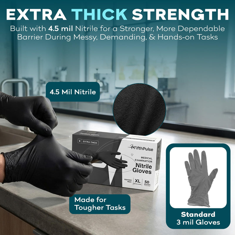 Disposable Black Nitrile Gloves Small 200 Count - Extra Thick 4.5 Mil - Powder and Latex Free Rubber Gloves - Surgical Medical Exam Gloves - Food Safe Cooking Gloves