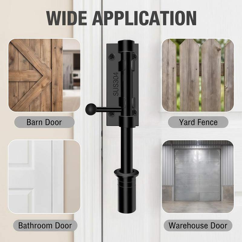 Barrel Bolt Latch,6.3 inch Slide Bolt Gate Latch,14mm Bolt Heavy Duty Shed Door Latch,304 Stainless Steel Black Finish Door Lock Latch for Barn, Wooden Fence, Slide,Door (2, Black-4.0inch) 2