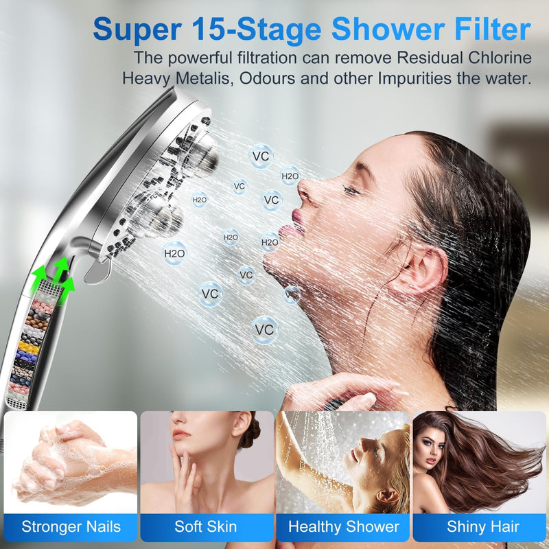 Filter Handheld Shower Head for Residual Chlorine Remove,10-Spray Modes Massage Showerhead, Large Powerful Handheld Showerhead with 79in Hose Detachable (Premium Chome) Premium Chome