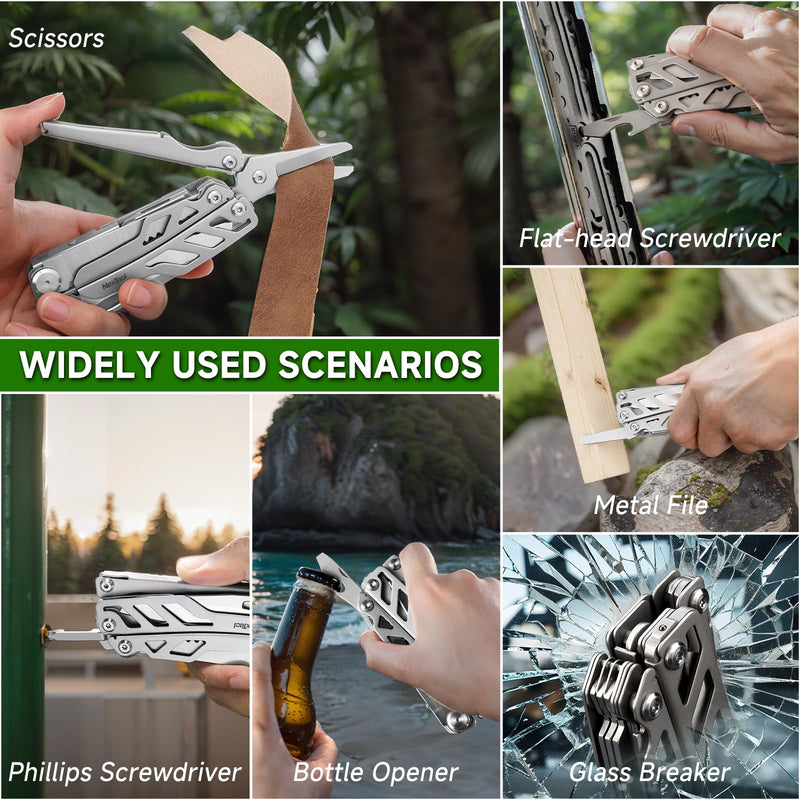 NexTool 14-in-1 Multi-Tool, Stainless Steel Multitool Pliers with 80Cr14Mov Pocket Knife, 2 Safety Locks and Huge Scissors, EDC Multitool Utility Tool for Camping Outdoor Activities (Flagship Max) Full Size Flagship Max