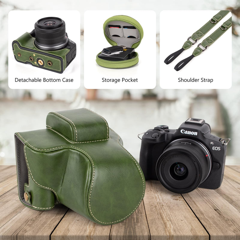 MUZIRI KINOKOO Protective Case for Canon EOS R50/R100 Camera and 18-45mm Lens, PU Leather EOSR50 R100 Camera Bag Including Half Case, Flip Cover, Shoulder Strap and Storage Pocket - Green