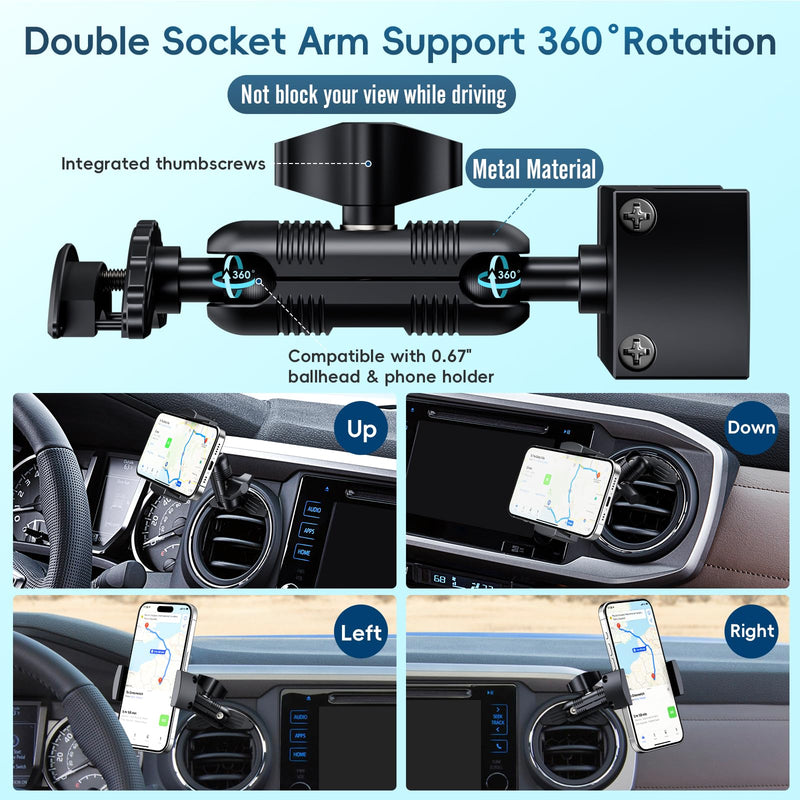 Metal Vent Phone Mount Compatible with Toyota Tacoma 2016-2023 Tundra | Tundra 2014-2021 3rd Gen | Metal Double Socket Arm | 360° Adjustable | Anti-Scratch Base | Keep Stable | 1-Min Install Universal Mount