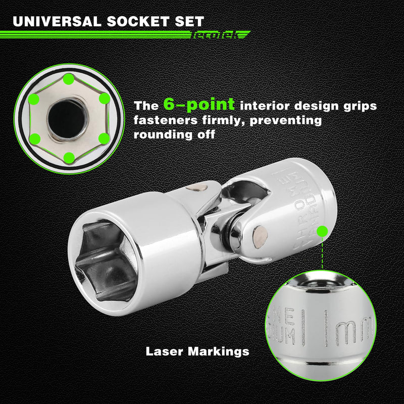 TecoTek 19-Piece 1/4-Inch Drive Universal Joint Socket Set, Swivel Socket Set, 6-Point, SAE (3/16" to 9/16") and Metric (5mm to 15mm), CR-V, Universal Flex Socket for Easier Access to Tight Spaces 1/4" Dr. Metric & SAE (19pcs)