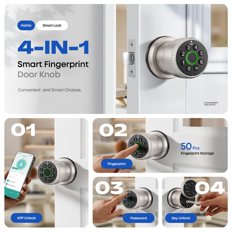 Fingerprint Door Knob, Smart Biometric Door Lock Keyless Entry with Auto-Lock for Front Door, Bedroom, Interior or Exterior Use in Satin Nickel 1