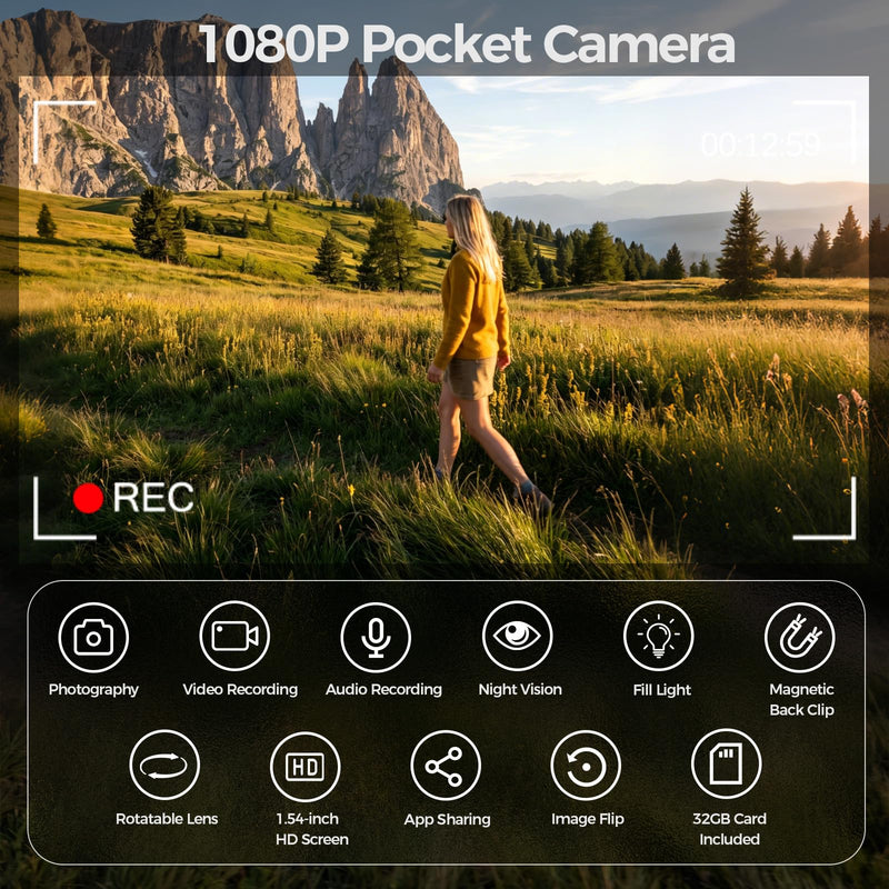 Pocket Vlogging Camera WiFi, 1080P Clip-On Mini Body Cam with 32GB Card | Handheld POV Camera, Rotatable Lens Night Vision Fill Light 1.54'' Screen, Portable Personal Camera for Travel/Sports/Working Black & 32GB