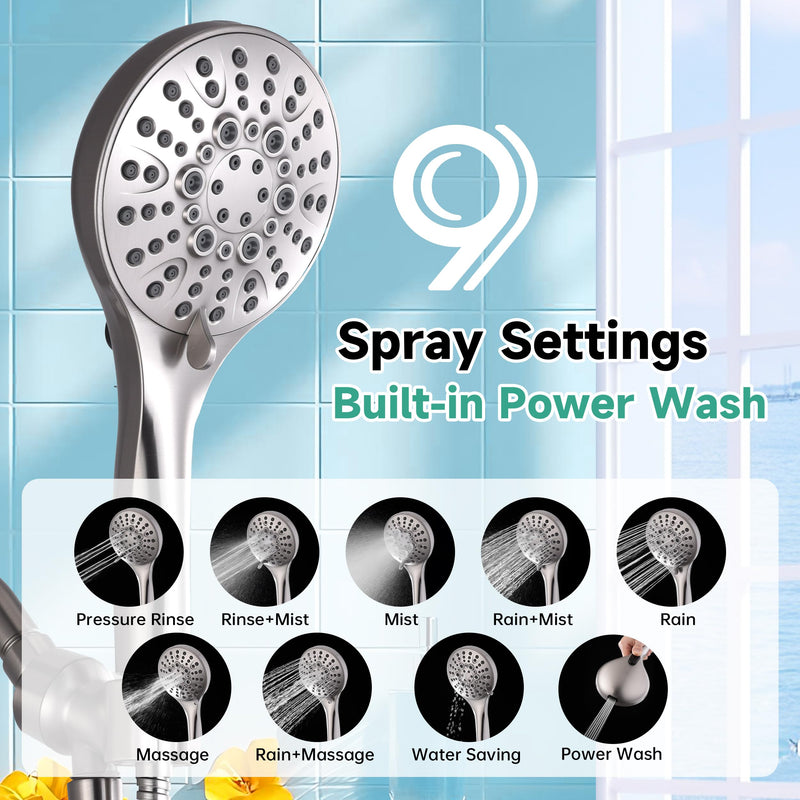 BRIGHT SHOWERS High Pressure Shower Head with Handheld, 9 Spray Settings Showerhead Built in Power Wash to Clean Tub and Pets, Extra Long 69" Hose, Adjustable Bracket, Brushed Nickel 2.5 GPM | 9 Modes