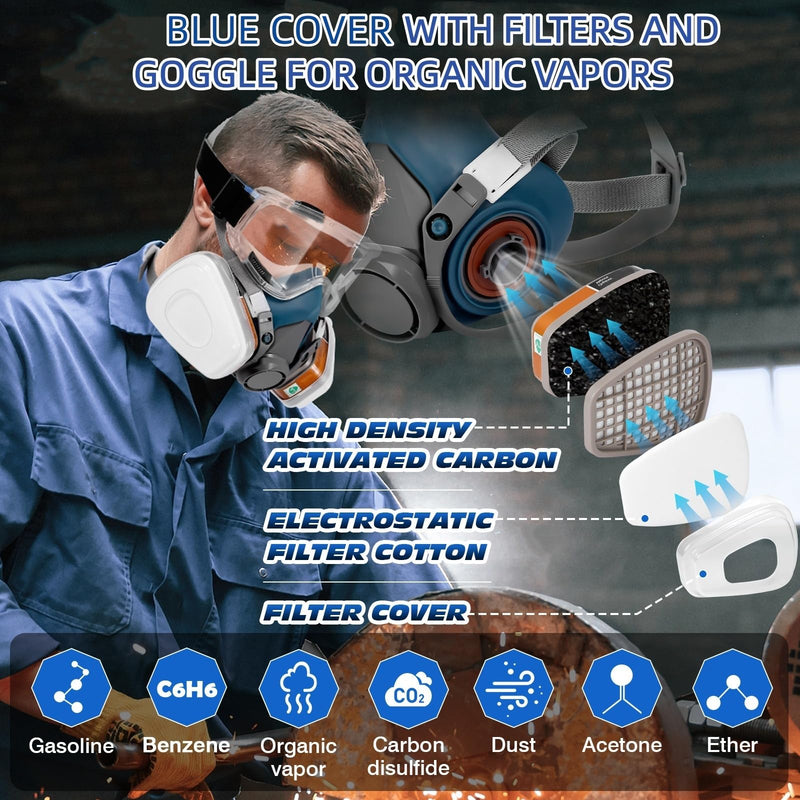 Half Facepiece with Goggle for Paint, Epoxy Resin, Spray Painting, Sanding, Woodworking, Welding Work Blue