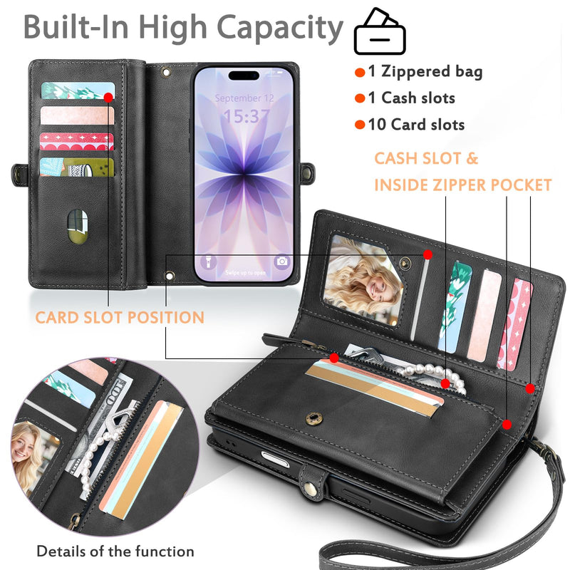 for Wallet Case Compatible with iPhone 17 Pro Max,Multi-Function Detachable 2 in 1 Magnetic iPhone 17ProMax Case Wallet,Flip Strap Zipper Card Holder Phone Case with Shoulder Strap(Darkgray) DarkGray